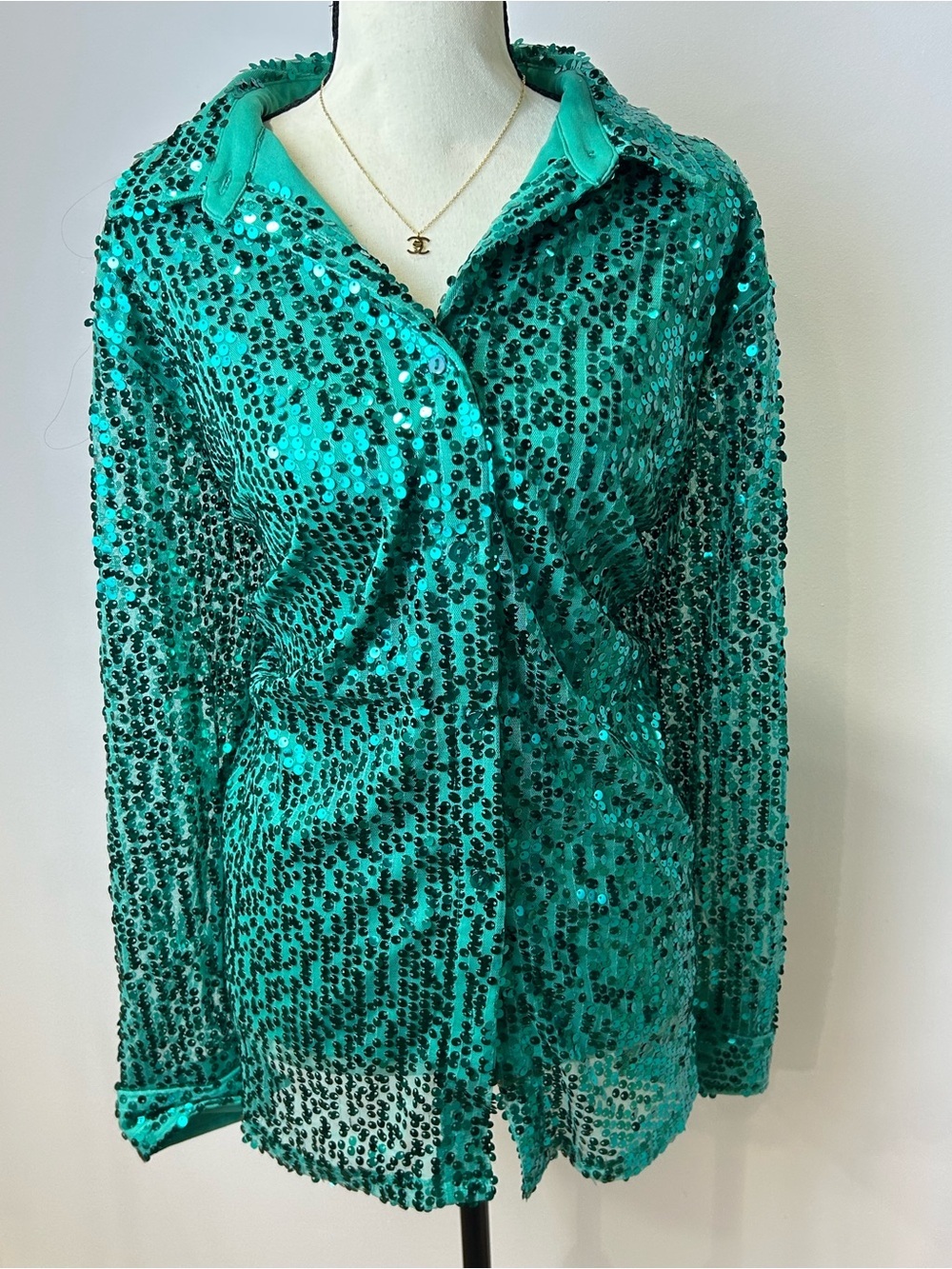 NWOT NY Collection Teal Sequin Button-Down Shirt